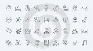Help and support in stress, wellbeing thin line icons set, symbols of self mind hygiene