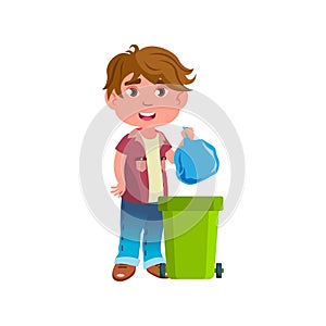 helpful boy kid taking out trash in bucket cartoon vector