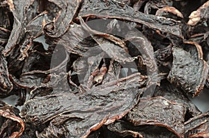 Helpful treats for pets. Close-up Pieces of stewed beef heart