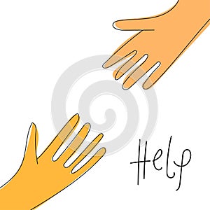 Helping hand concept. Gesture, sign of help and hope. Two hands reaching to each other. Isolated doodle cartoon line illustration
