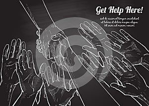 Helping hand concept hands taking each other vector line illustration