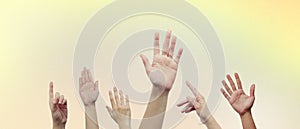 Helping hand concept and international day of peace. Unity and help, Hands up, Help and Hope for support, Provide hopeful