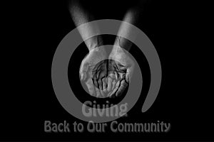 Helping hand concept, Man`s hands palms up, giving care and support, reaching out, Giving back to community