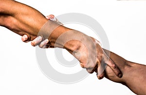 Helping hand concept, support. Helping hand outstretched, isolated arm, salvation. Close up help hand. Two hands