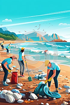 Helping Hands: Cleaning Up the Beach Together - Cartoon Illustration Featuring a Group of Ecological Volunteers Saving
