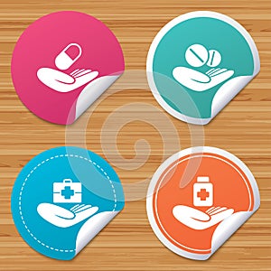 Helping hands icons. Medical health insurance.