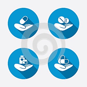 Helping hands icons. Medical health insurance