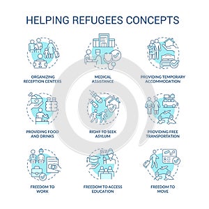 Helping refugees turquoise concept icons set