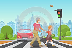 Helping senior old man. Little girl kid helps an old man to cross the road in city vector illustration.