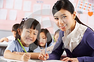 Helping Student Work At Desk In Chinese School