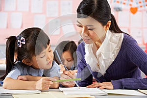 Helping Student Working At Desk In Chinese School