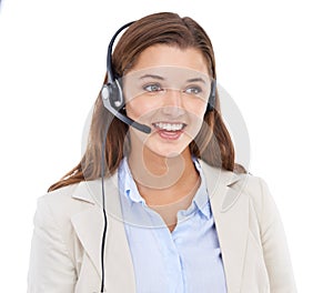 Helping you find solutions. Studio shot of a cheerful young female customer service representative talking on a headset.