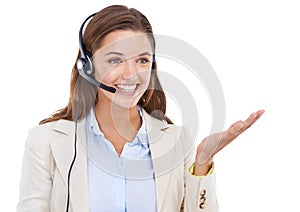 Helping you find solutions to your problems. Studio shot of a young female customer service representative talking on a