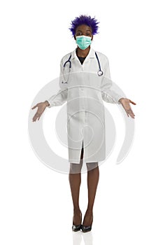 Helpless African American Female Doctor Is Standing And Spreading Her Hands