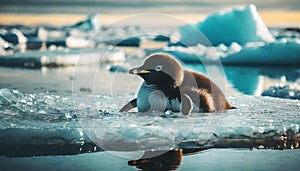 Helpless baby penguin floating on a tiny ice sheet in ocean, generated by AI