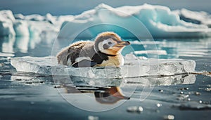 Helpless baby penguin floating on a tiny ice sheet in ocean, generated by AI