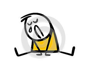 Helpless boy is sitting on the floor and crying bitterly. Vector illustration of sad stickman child.