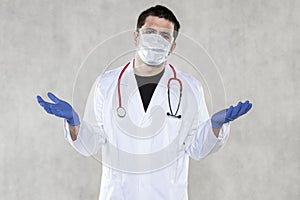 Helpless doctor spreads his hands for infections