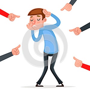 Helpless scared male victim harassment pointing fingers fear pain character isolated cartoon design vector illustration