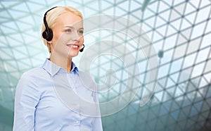 Helpline operator in headset over grid background