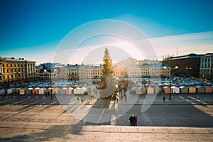 Helsinki, Finland. Aerial View Of Christmas Xmas Market With Christmas Tree On Senate Square