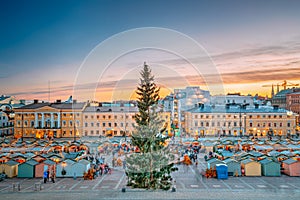 Helsinki, Finland. Christmas Xmas Market With Christmas Tree On