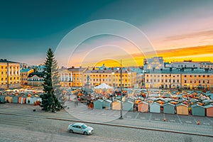 Helsinki, Finland. Christmas Xmas Market With Christmas Tree On Senate Square In Sunset Sunrise
