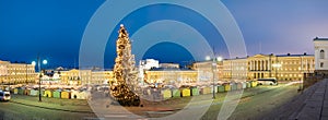 Helsinki, Finland. Evening Panorama Panoramic View Of Christmas Tree On Senate Square In Evening Night Christmas Xmas