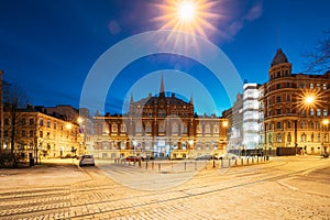 Helsinki, Finland. Finnish Design Museum Or Designmuseo Building In Night Illuminations. Museum Devoted To Exhibition Of