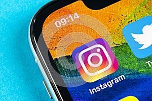 Instagram application icon on Apple iPhone X smartphone screen close-up. Instagram app icon. Social media icon. Social network