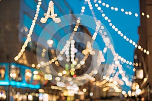 Helsinki, Finland. New Year Boke Lights Xmas Christmas Festive Illumination In Aleksanterinkatu Street. Natural