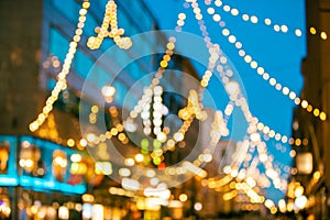 Helsinki, Finland. New Year Boke Lights Xmas Christmas Festive Illumination In Aleksanterinkatu Street. Natural