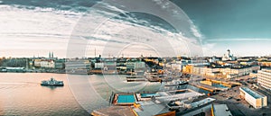 Helsinki, Finland. Panoramic Aerial View Of Market Square, Street With Presidential Palace And Helsinki Cathedral