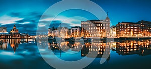 Helsinki, Finland. Panoramic View Of Kanavaranta Street With Uspenski Cathedral And Pohjoisranta Street In Evening Night