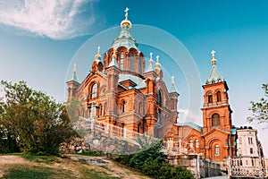 Helsinki, Finland. Uspenski Orthodox Cathedral Upon Hillside On Katajanokka Peninsula Overlooking City