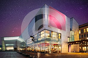 Helsinki, Finland. Very Peri Starry Sky Evening Night View Of Kiasma Contemporary Art Museum. Museum Exhibits