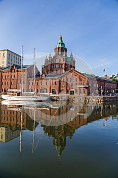 Helsinki, Finland. Yacht mooring, port facilities and old Cathedral of the Assumption