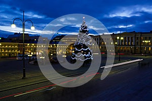 Helsinki Senate Square with Christmas tree at twilight