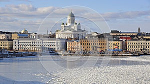 Helsinki skyline and Helsinki Cathedral in winter, Finland