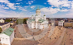 Helsinki Suurkirkko, Finland: beautiful top view from drone on historic city centre, Senate square and Evangelical