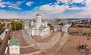 Helsinki Suurkirkko, Finland: beautiful top view from drone on historic city centre, Senate square and Evangelical