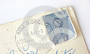 Helvetia (Switzerland) postage stamp on postcard