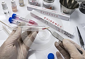 Hematological analysis with forensic test kit in a murder in a crime lab