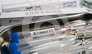 Hematological analysis with forensic test kit in a murder in a crime lab photo