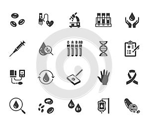 Hematology flat glyph icons set. Blood cell, vessel, sphygmomanometer, dna test, biochemical microscope vector