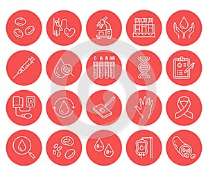 Hematology flat line icons set. Blood cell, vessel, sphygmomanometer, dna test, biochemical microscope vector