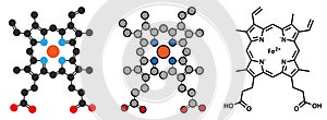 Heme B (haem B) molecule. Heme is an essential component of hemoglobin, myoglobin, cytochrome, catalase and other metalloproteins photo