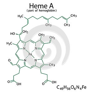 Heme A chemical formula. Organic compound. Part of hemoglobin. Molecular structure. Vector illustration. Stock image.