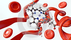 Heme molecule, protein structure and red blood cells.