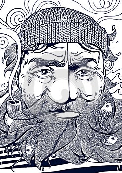 Old seaman monochrome portrait illustration